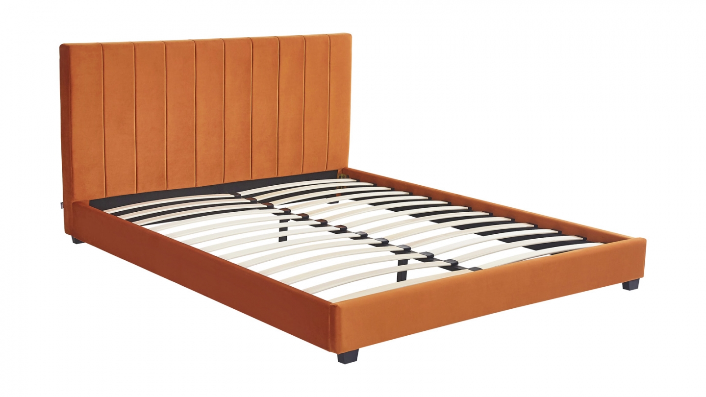 Lit adulte 140x190 cm avec tête de lit capitonnée en velours terracotta - William
