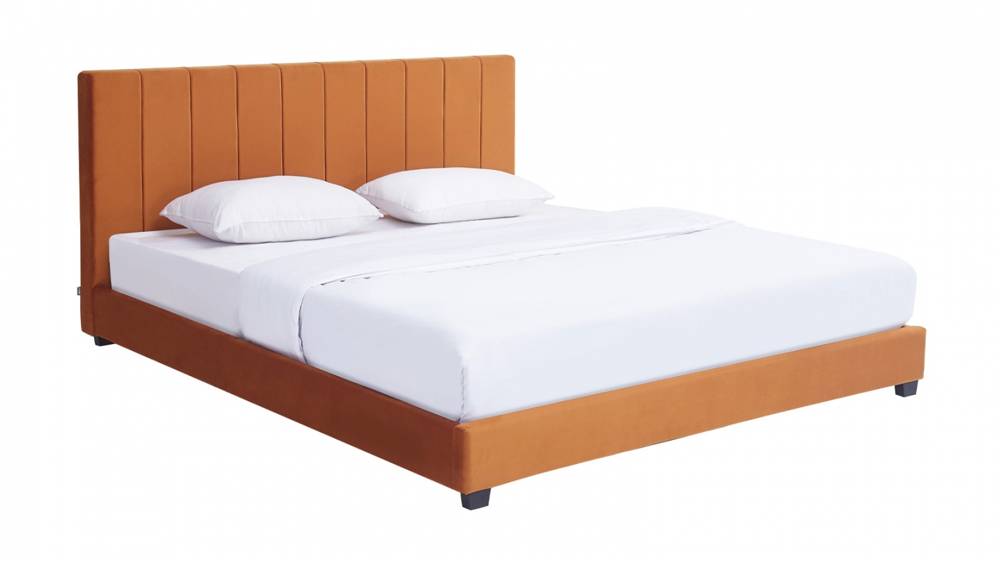 Lit adulte 160x200 cm avec tête de lit capitonnée en velours terracotta - William