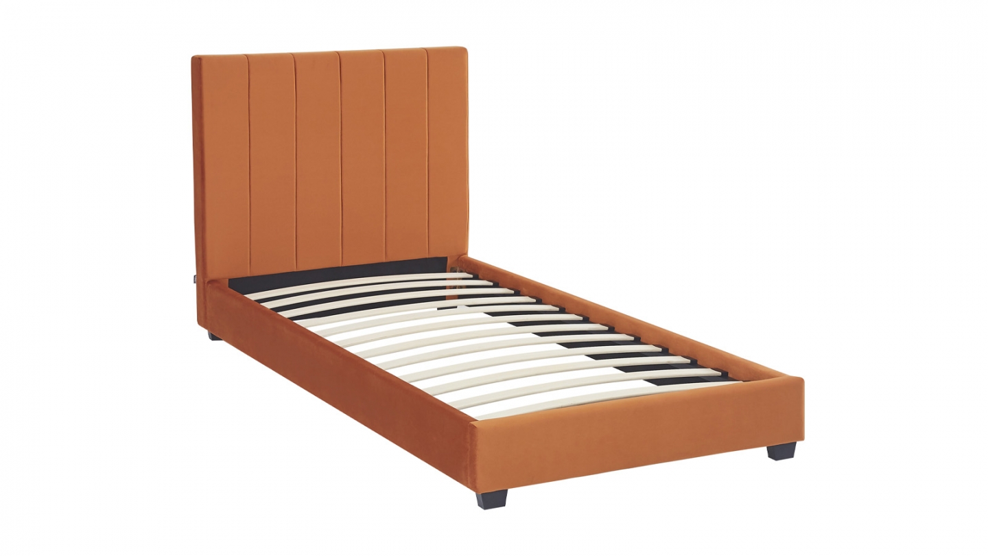 Lit adulte 90x190 cm avec tête de lit capitonnée en velours terracotta - William
