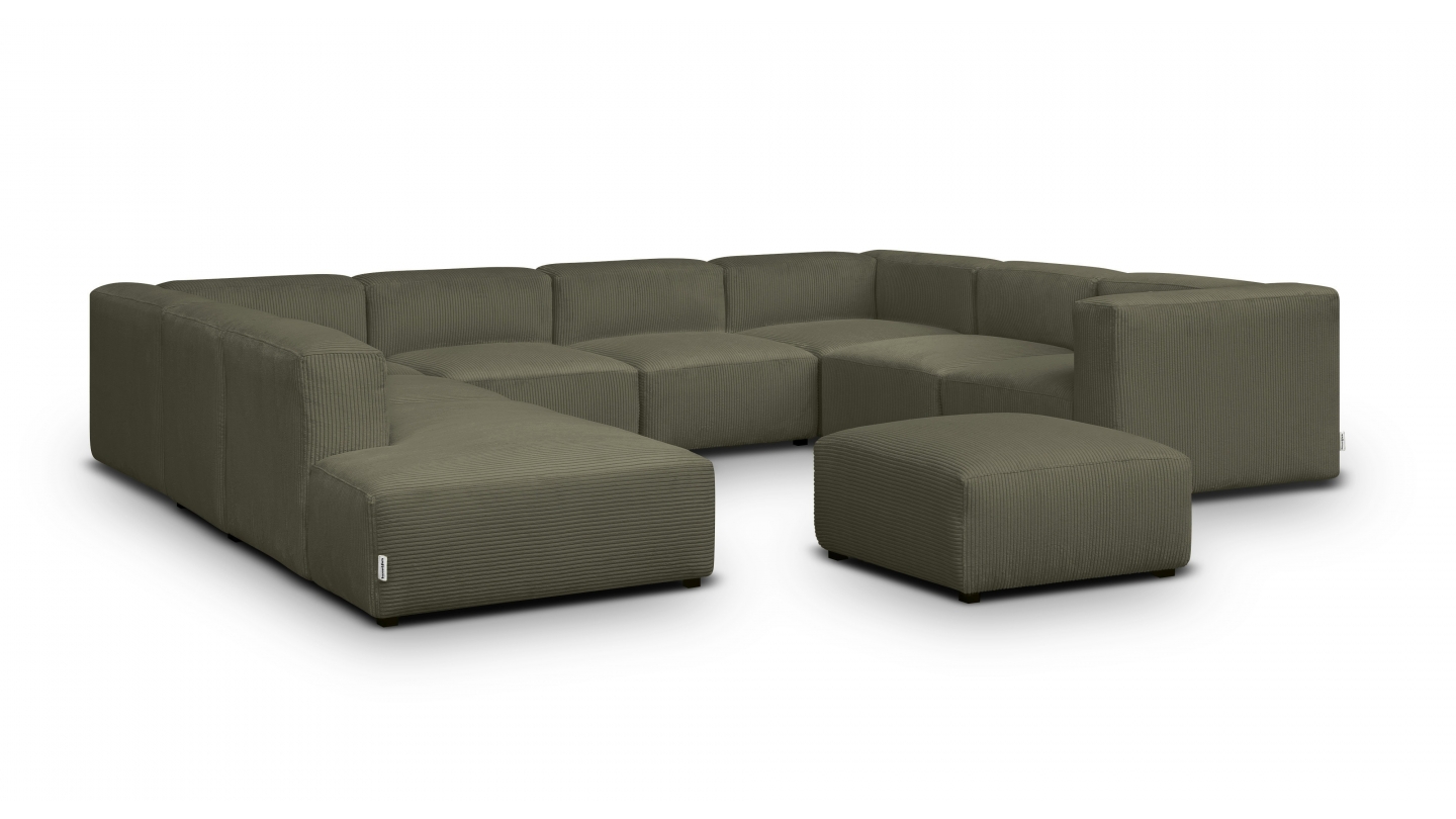 Canapé modulable panoramique 12 places ouvert à gauche + pouf en velours côtelé vert kaki - Modulo