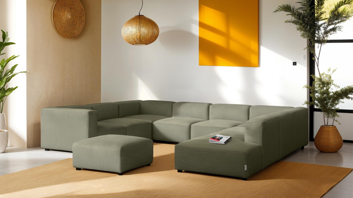 Canapé modulable panoramique 12 places ouvert à droite + pouf en velours côtelé vert kaki - Modulo
