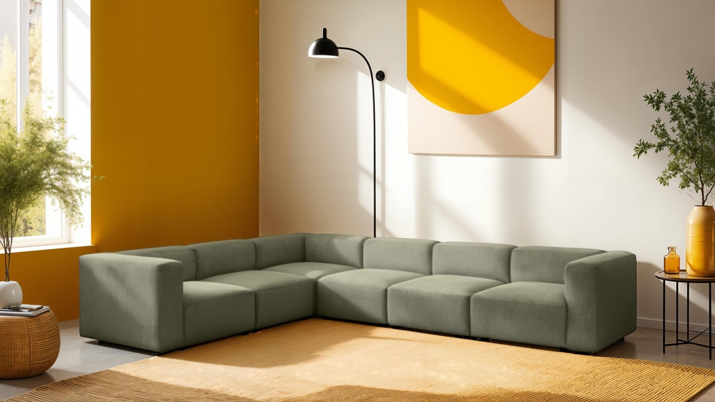 Canapé d'angle modulable réversible 8 places en velours côtelé vert kaki - Modulo