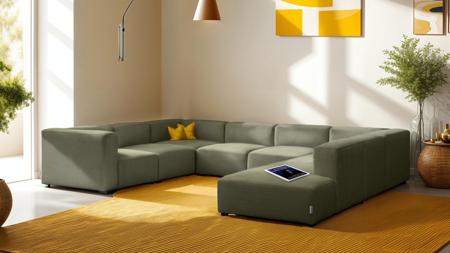 Canapé modulable panoramique 12 places ouvert à droite en velours côtelé vert kaki - Modulo