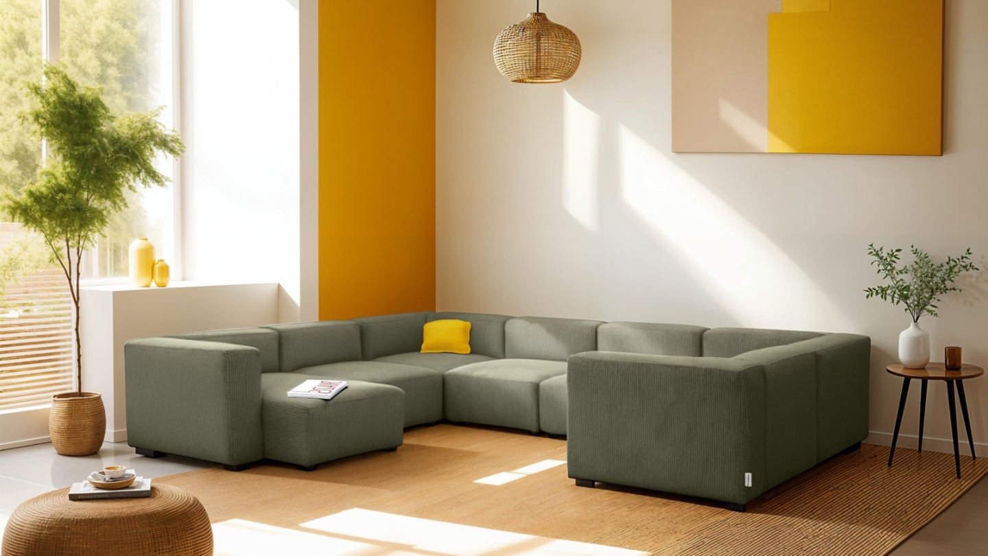 Canapé modulable panoramique 10 places avec méridienne à gauche en velours côtelé vert kaki - Modulo