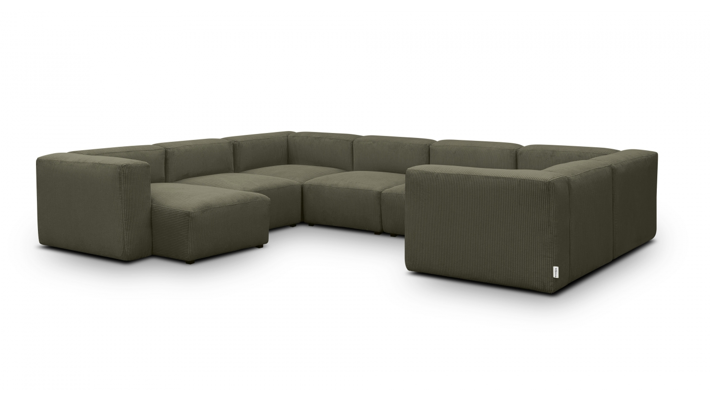 Canapé modulable panoramique 10 places avec méridienne à gauche en velours côtelé vert kaki - Modulo