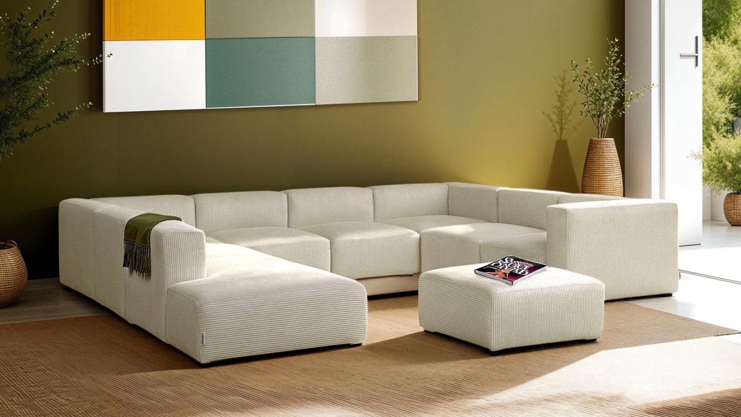 Canapé modulable panoramique 12 places ouvert à gauche + pouf en velours côtelé beige - Modulo