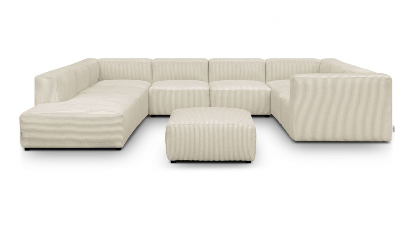Canapé modulable panoramique 12 places ouvert à gauche + pouf en velours côtelé beige - Modulo