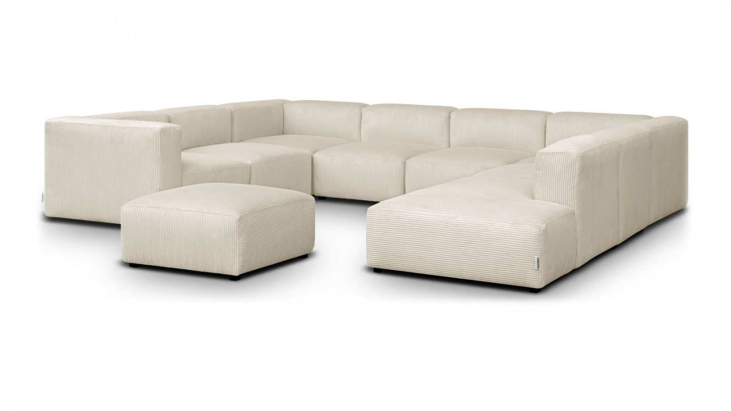 Canapé modulable panoramique 12 places ouvert à droite + pouf en velours côtelé beige - Modulo