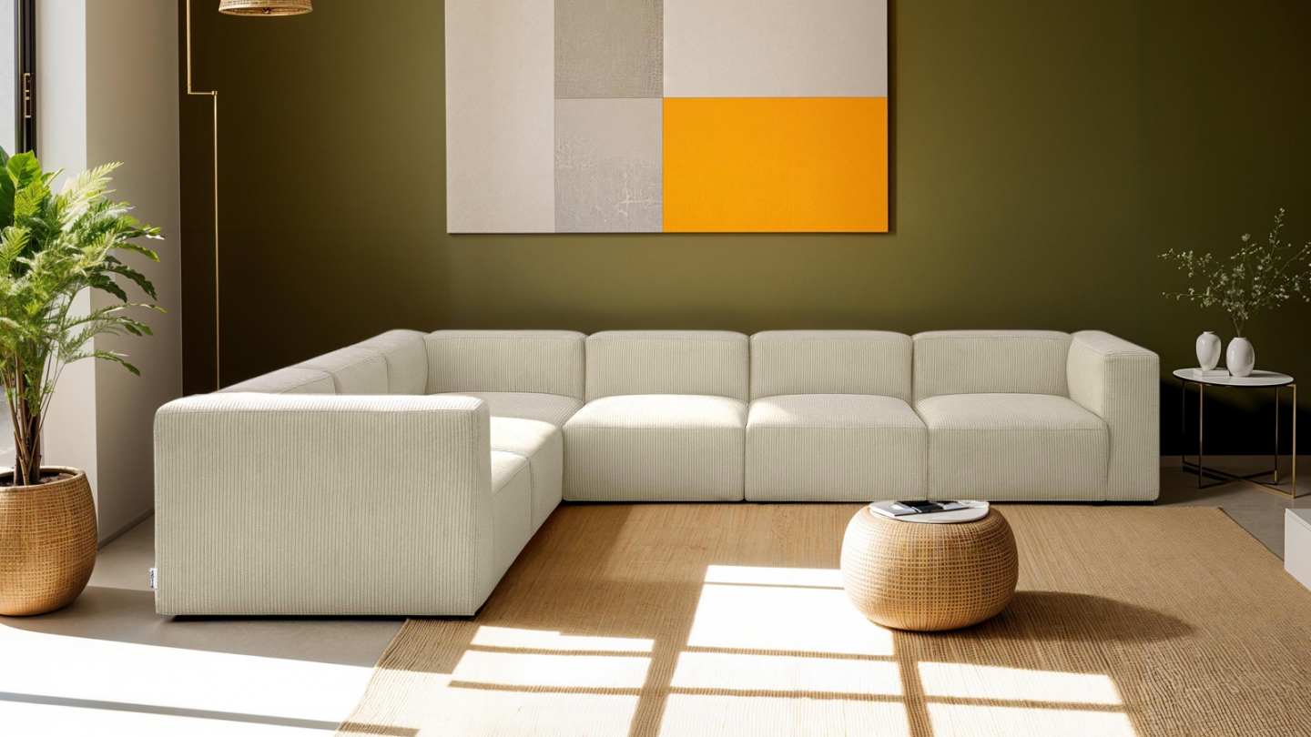 Canapé d'angle modulable réversible 8 places en velours côtelé beige - Modulo