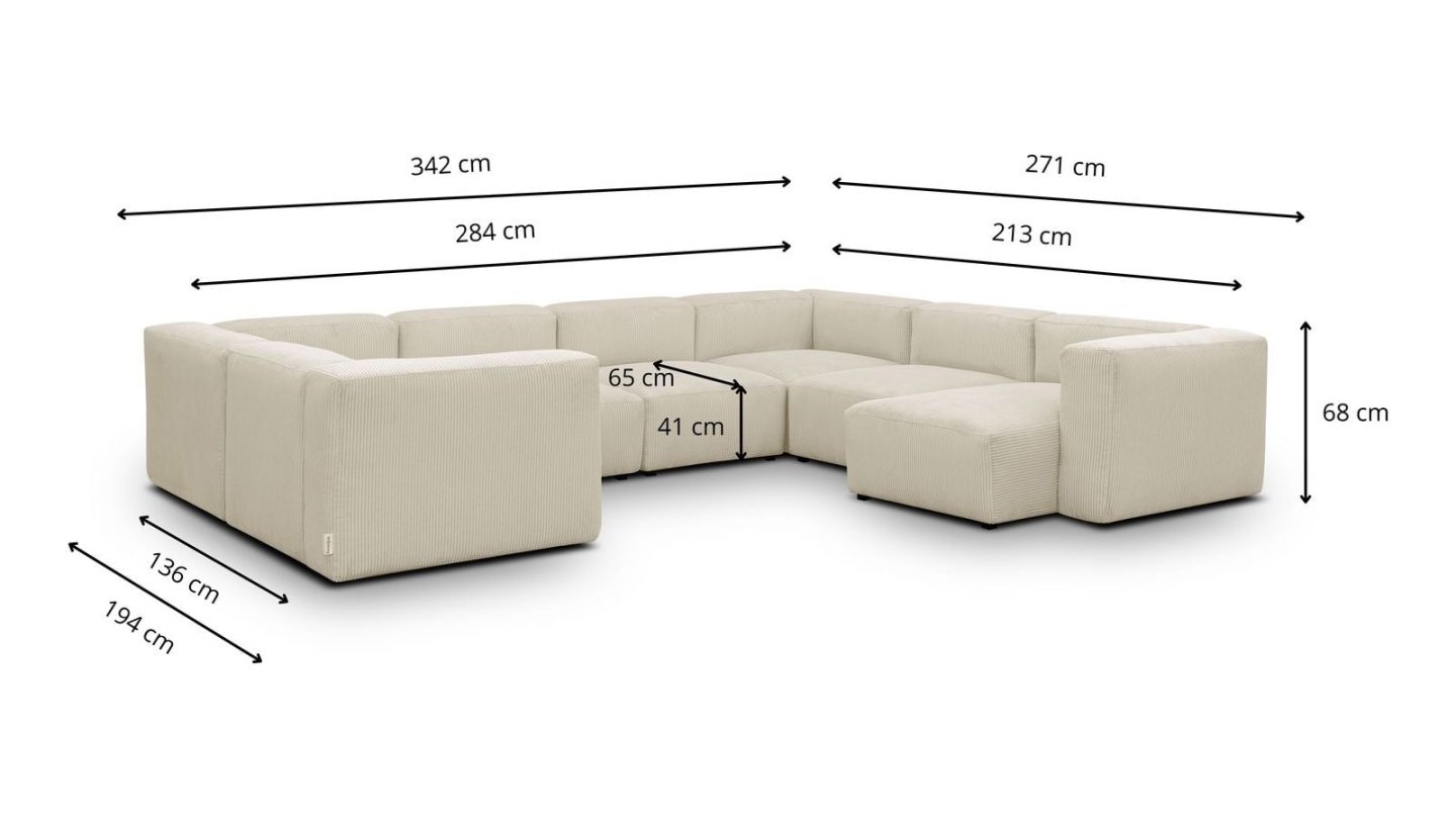 Canapé modulable panoramique 10 places avec méridienne à droite en velours côtelé beige - Modulo
