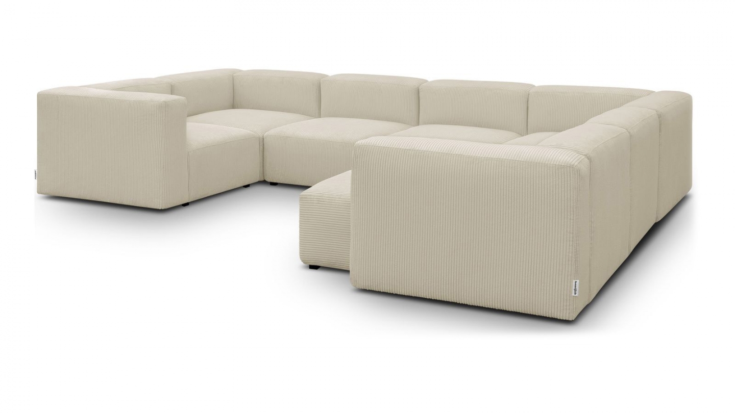 Canapé modulable panoramique 10 places avec méridienne à droite en velours côtelé beige - Modulo