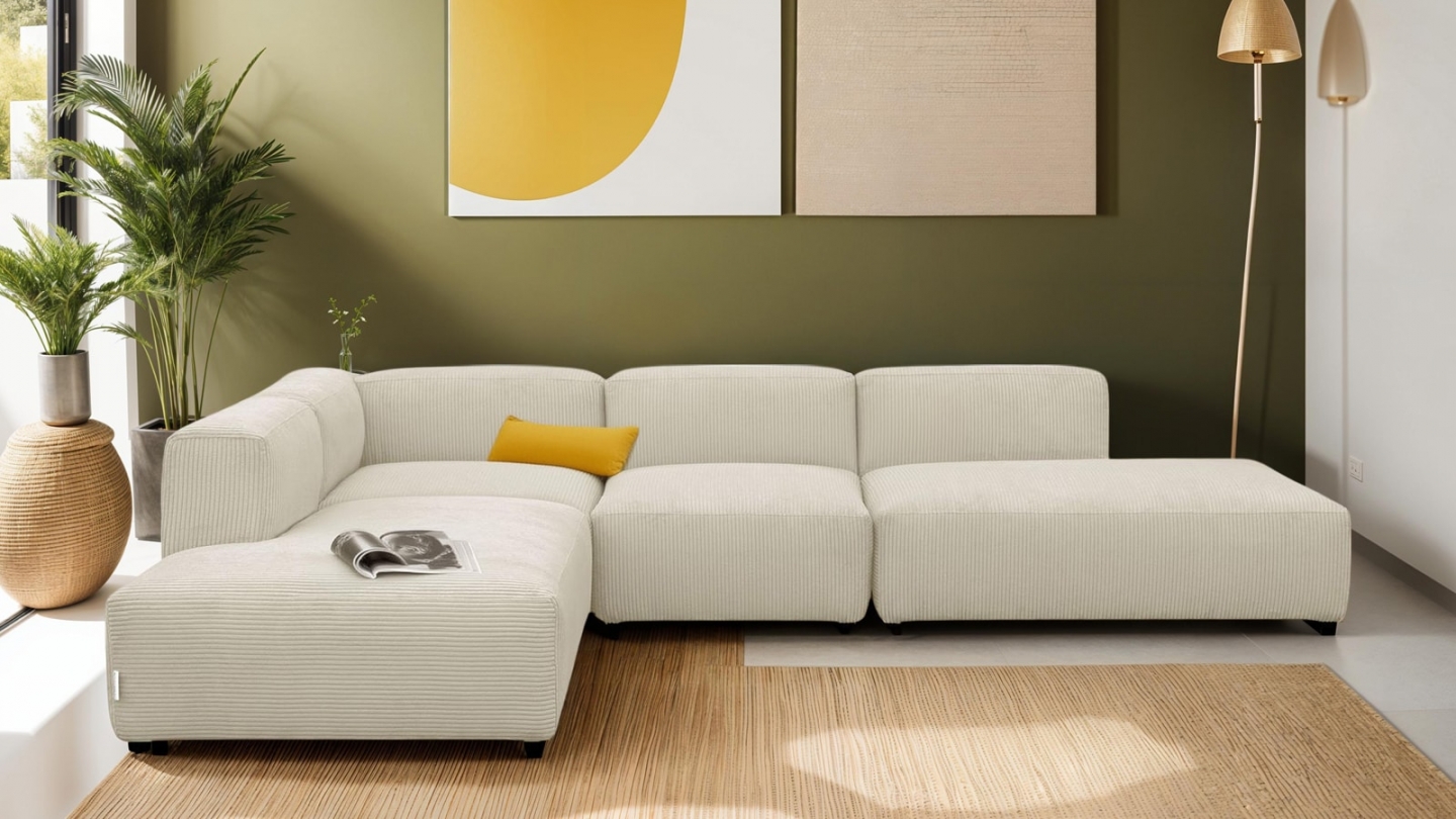 Canapé d'angle modulable réversible 7 places en velours côtelé beige - Modulo
