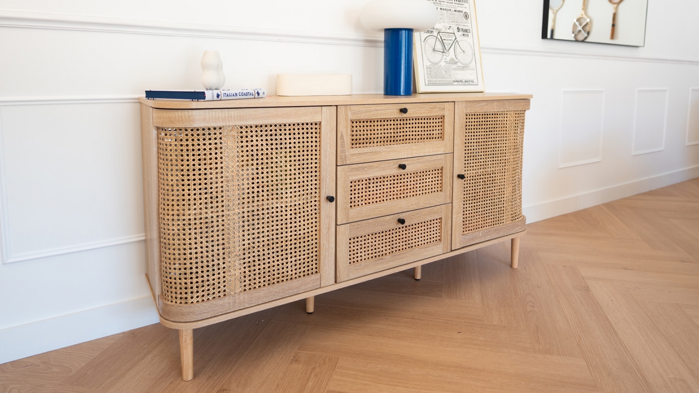 Buffet 2 portes 3 tiroirs couleur chêne et cannage 150 cm - Bali