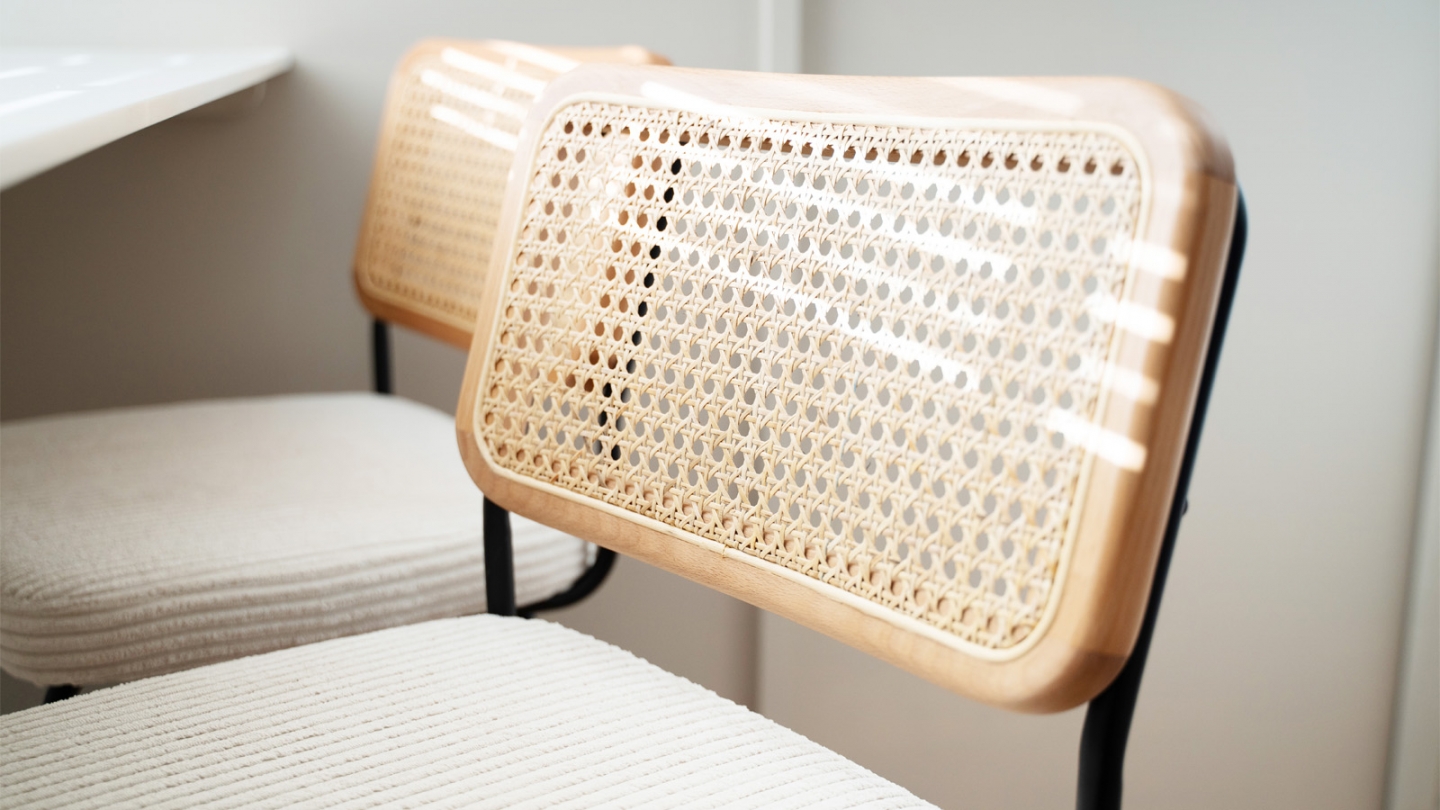 Lot de 2 tabourets de bar en velours côtelé beige et cannage naturel - Muse