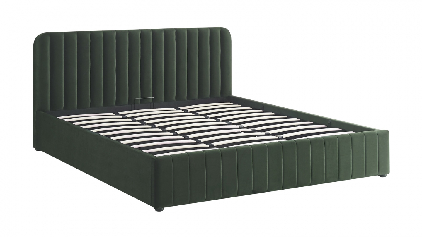 Lit coffre adulte 180x200 cm avec tête de lit capitonnée en velours vert kaki - Ava