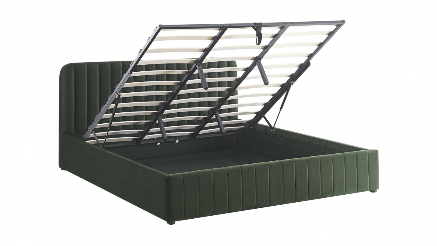 Lit coffre adulte 180x200 cm avec tête de lit capitonnée en velours vert kaki - Ava