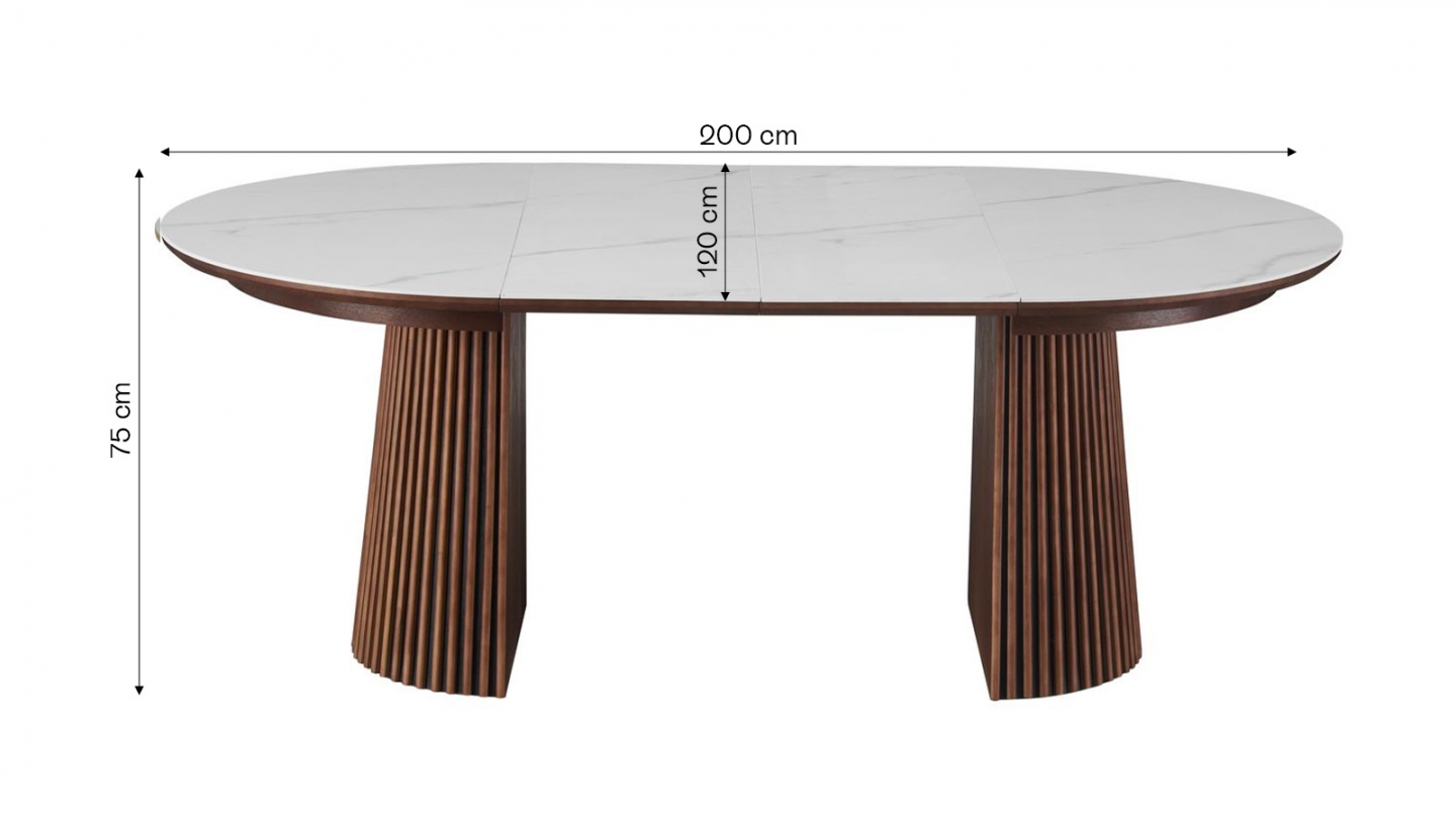 Table à manger ronde extensible plateau en céramique effet marbre et piètement en effet noyer 4 à 8 pers. 120/200 cm - Ada