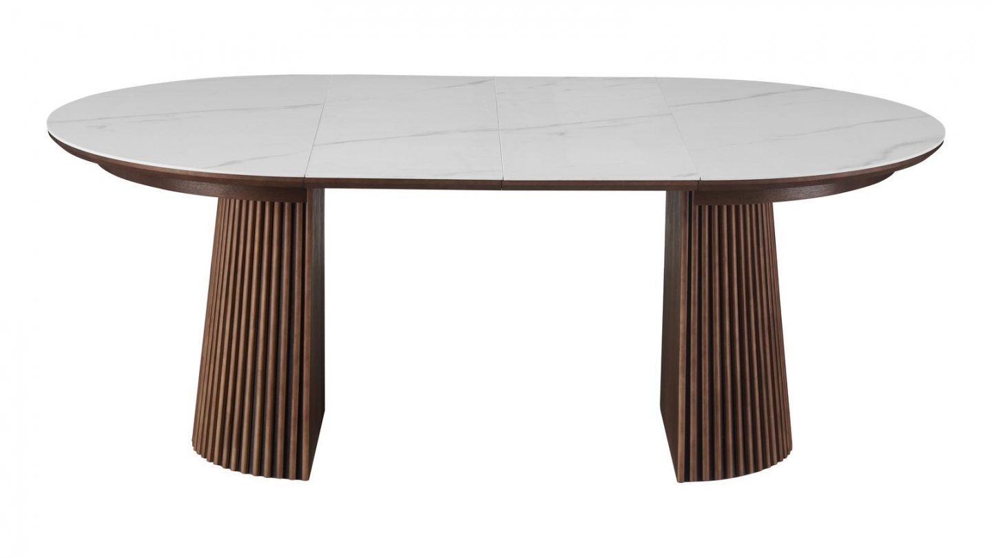 Table à manger ronde extensible plateau en céramique effet marbre et piètement en effet noyer 4 à 8 pers. 120/200 cm - Ada