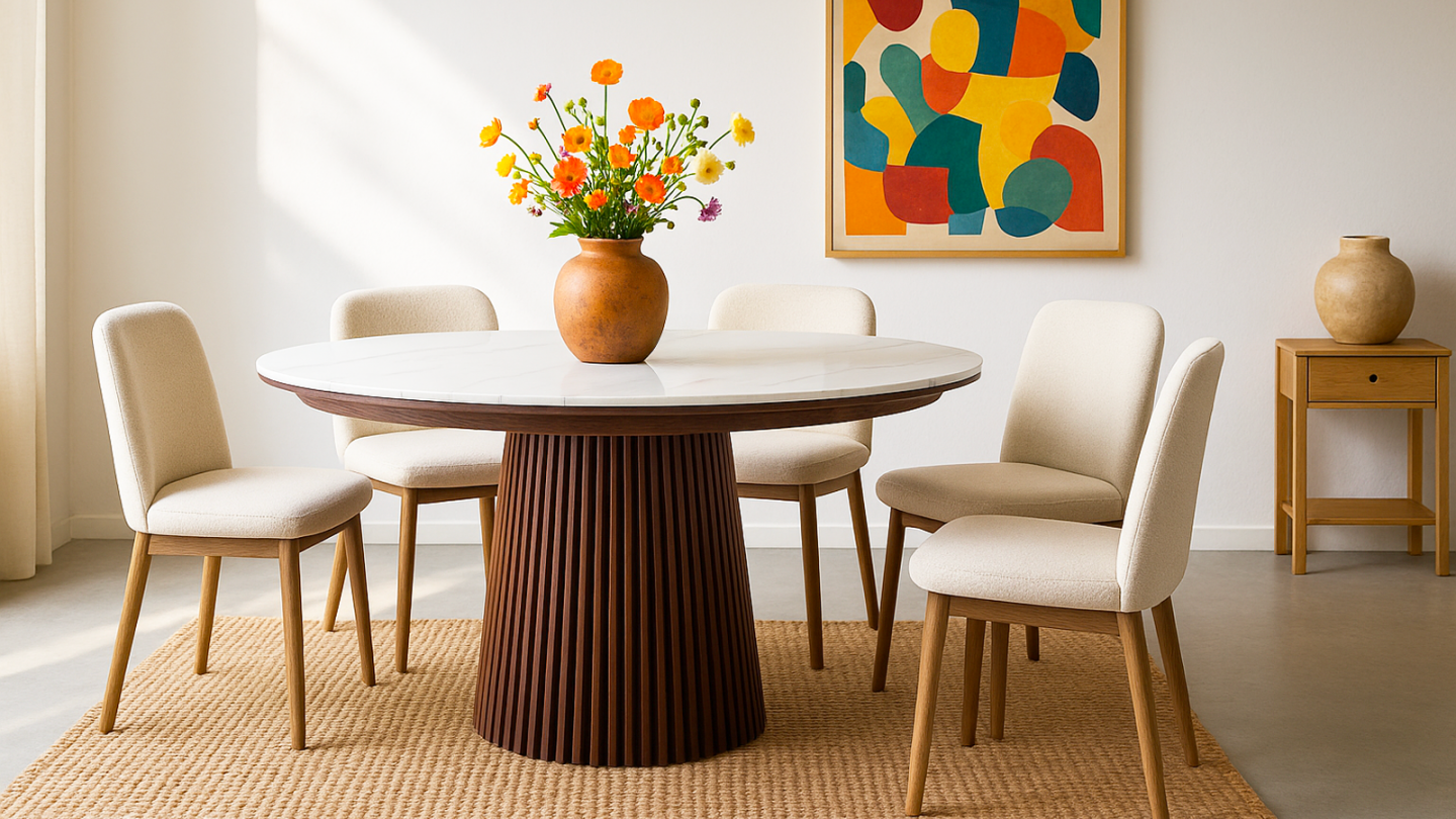 Table à manger ronde extensible plateau en céramique effet marbre et piètement en effet noyer 4 à 8 pers. 120/200 cm - Ada