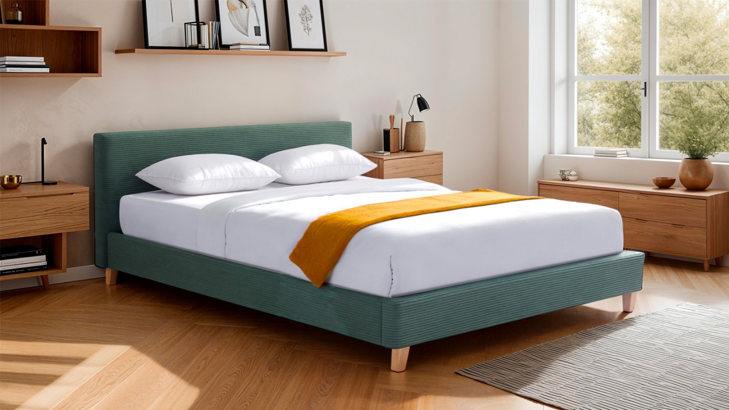 Lit adulte 180x200 cm avec tête de lit capitonnée en velours côtelé vert kaki - Milo
