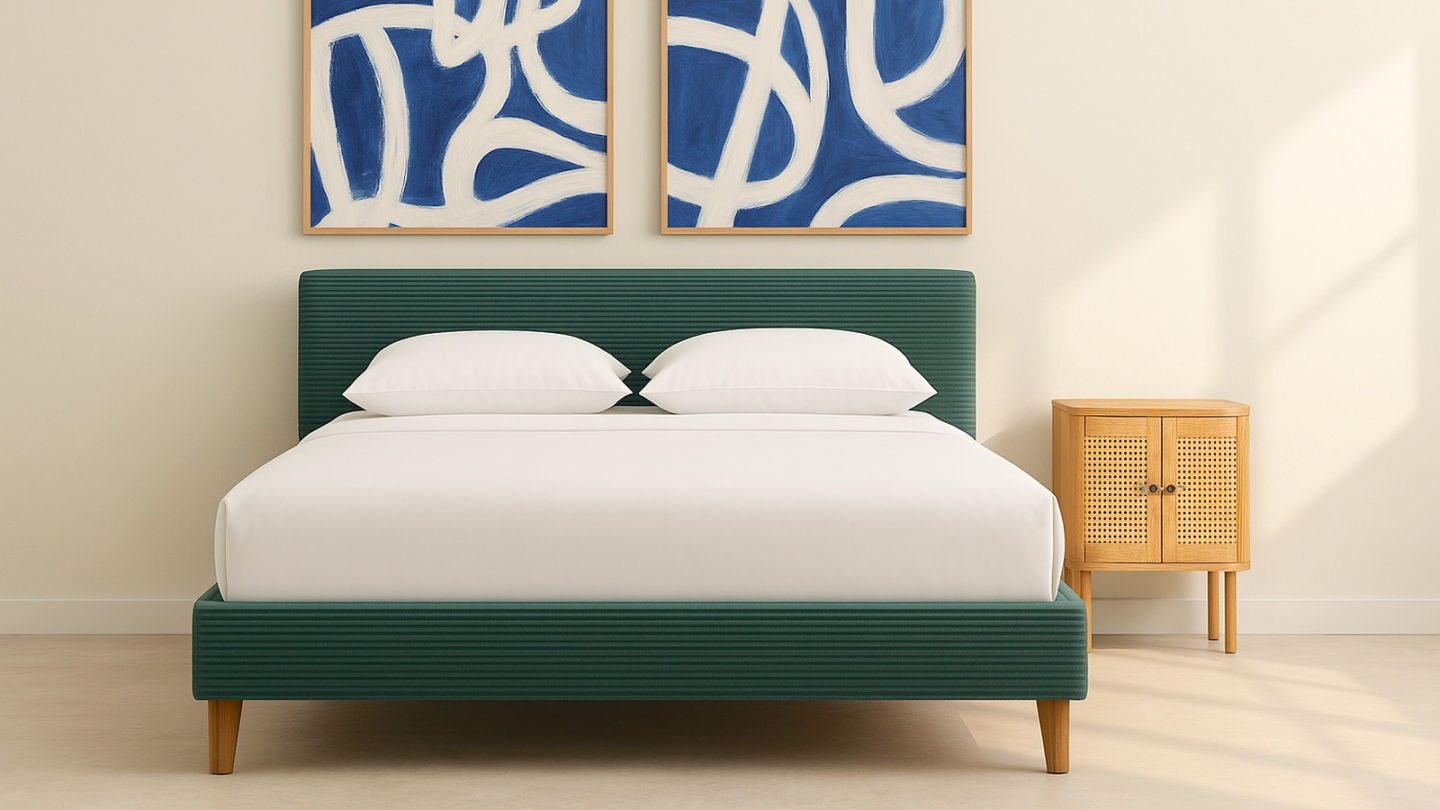 Lit adulte 180x200 cm avec tête de lit capitonnée en velours côtelé vert kaki - Milo
