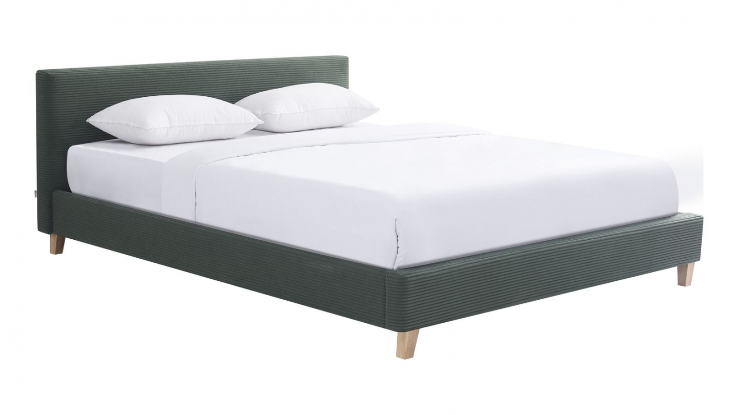 Lit adulte 180x200 cm avec tête de lit capitonnée en velours côtelé vert kaki - Milo