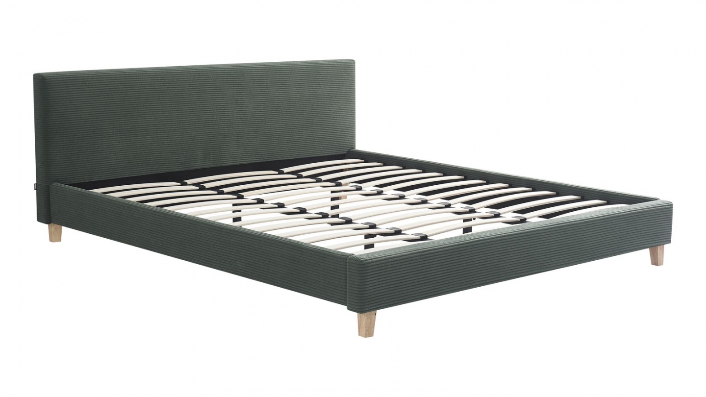 Lit adulte 180x200 cm avec tête de lit capitonnée en velours côtelé vert kaki - Milo