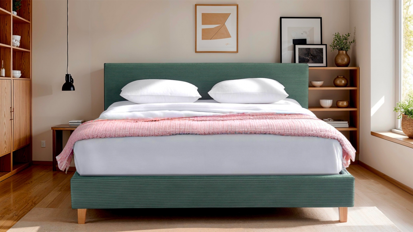 Lit adulte 140x190 cm avec tête de lit capitonnée en velours côtelé vert kaki - Milo