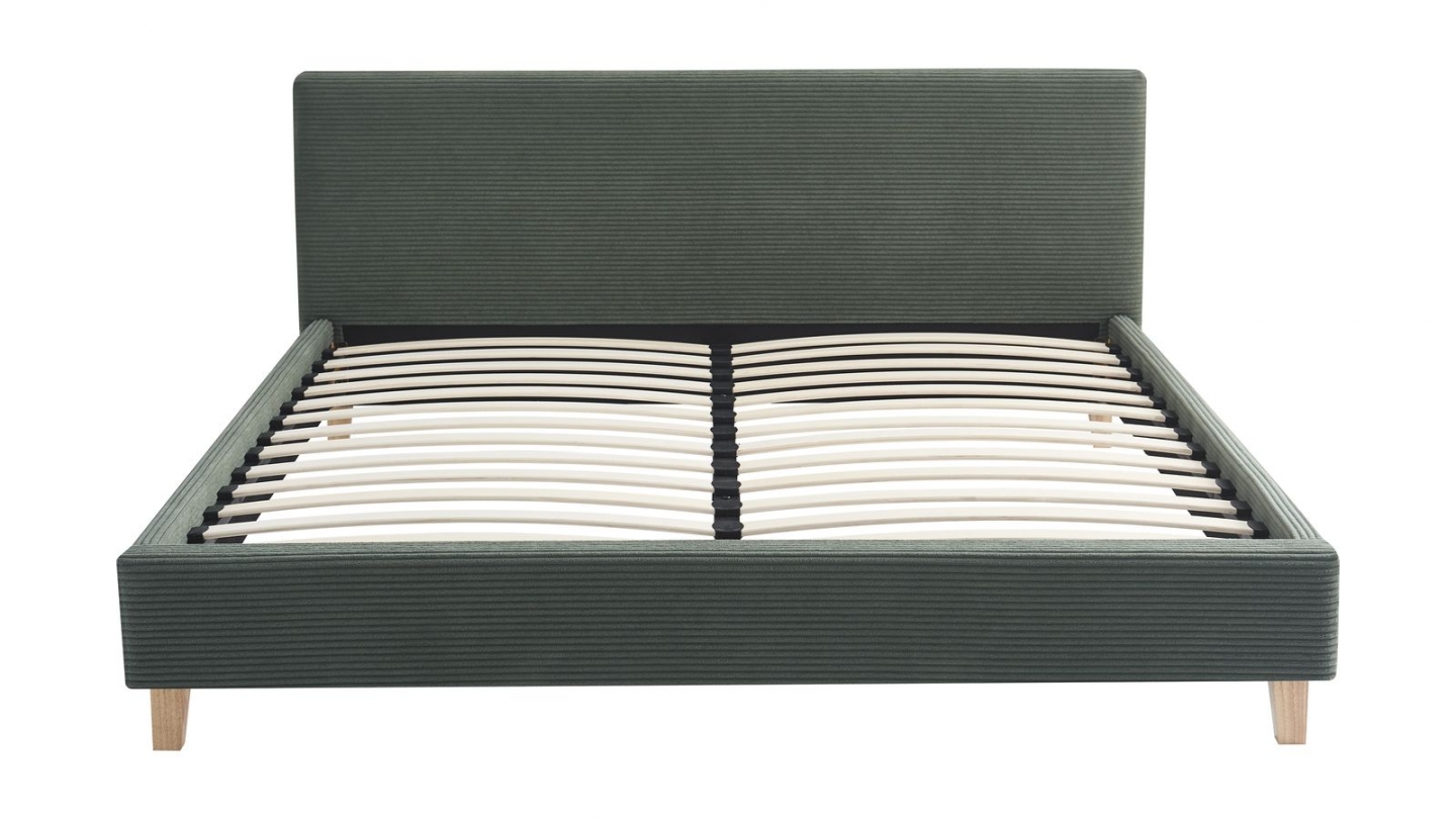 Lit adulte 140x190 cm avec tête de lit capitonnée en velours côtelé vert kaki - Milo