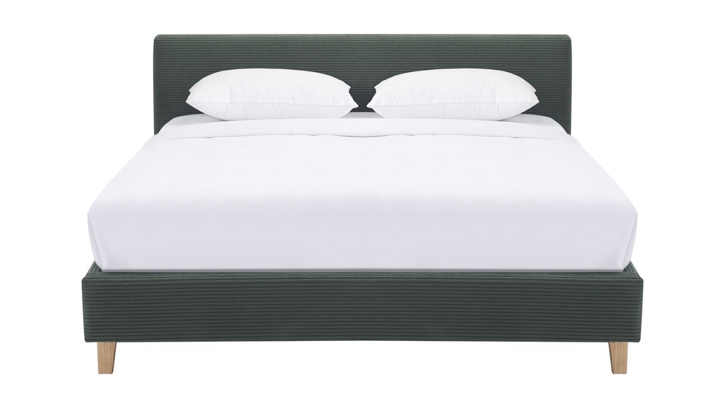 Lit adulte 160x200 cm avec tête de lit capitonnée en velours côtelé vert kaki - Milo