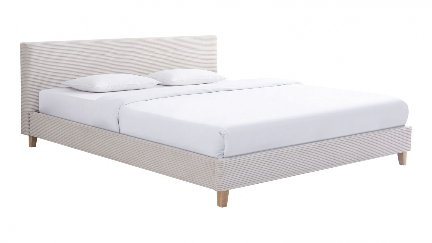 Lit adulte 140x190 cm avec tête de lit capitonnée en velours côtelé beige - Milo