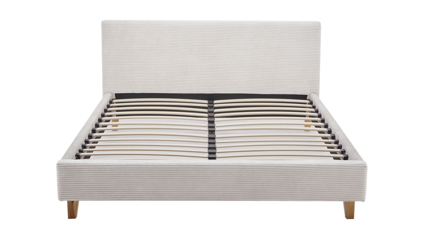 Lit adulte 140x190 cm avec tête de lit capitonnée en velours côtelé beige - Milo