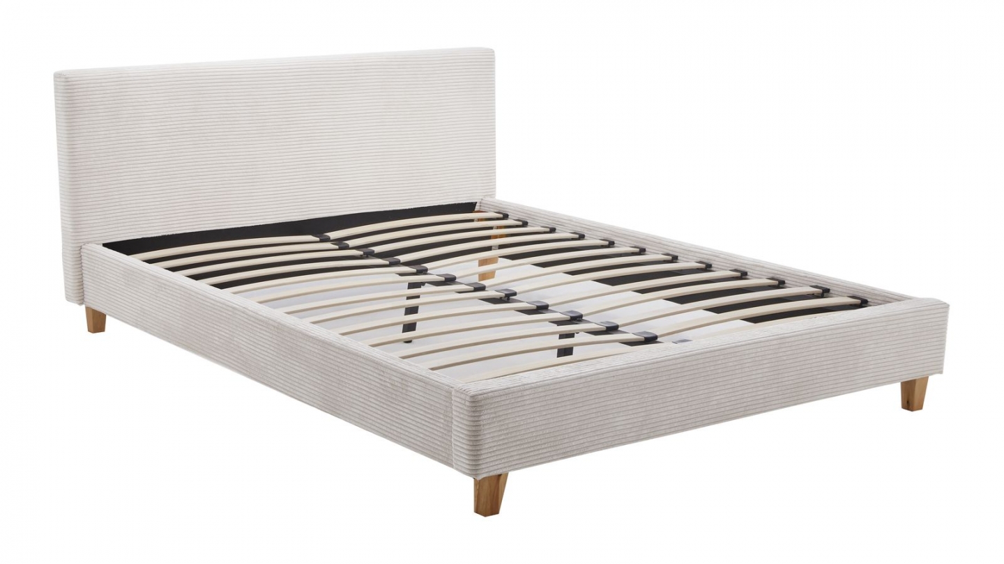 Lit adulte 160x200 cm avec tête de lit capitonnée en velours côtelé beige - Milo