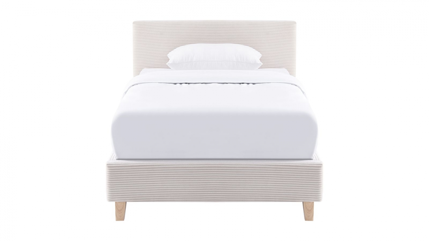 Lit adulte 90x190 cm avec tête de lit capitonnée en velours côtelé beige - Milo