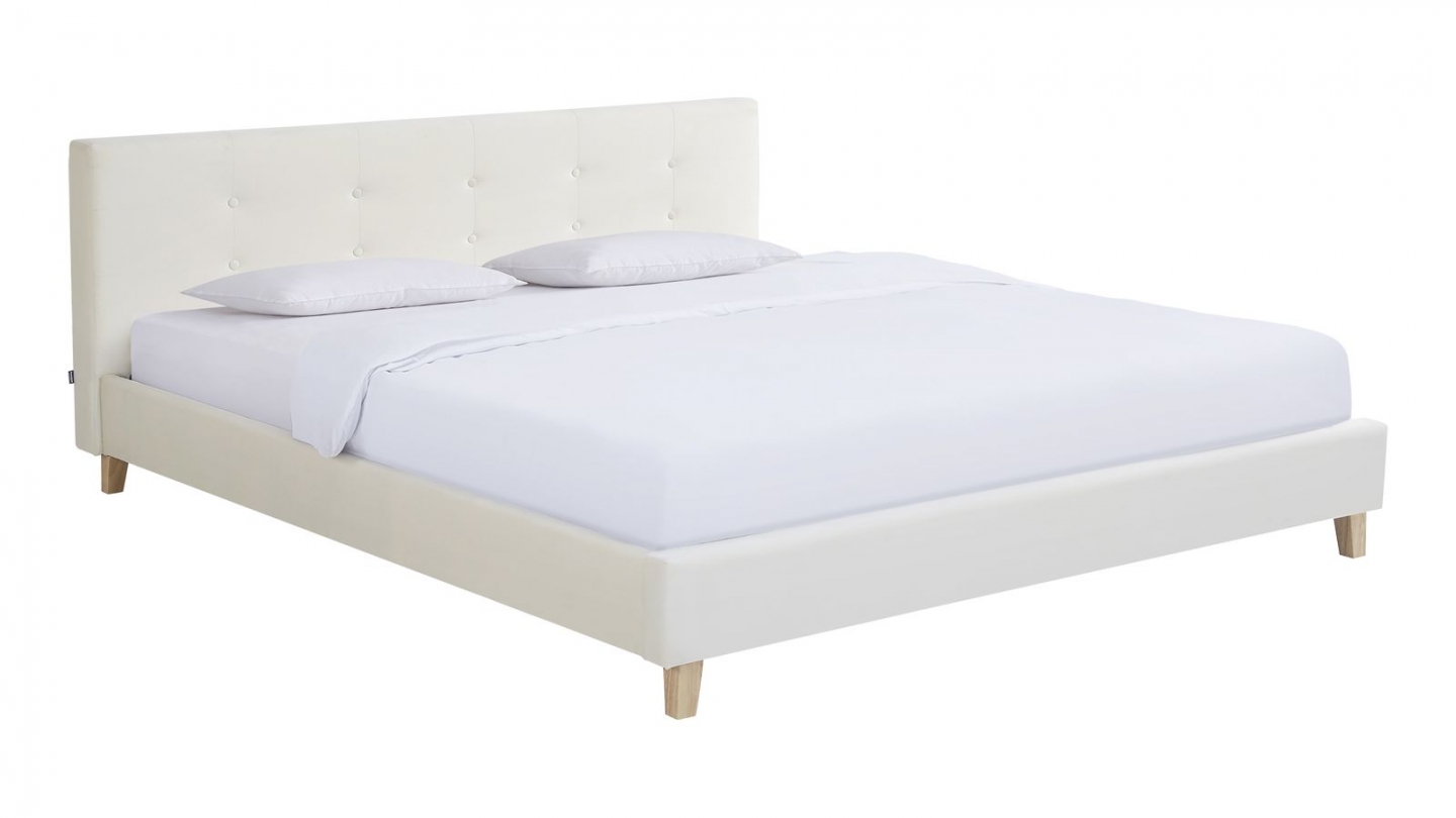 Lit adulte 140x190 cm avec tête de lit capitonnée en velours beige - Milo