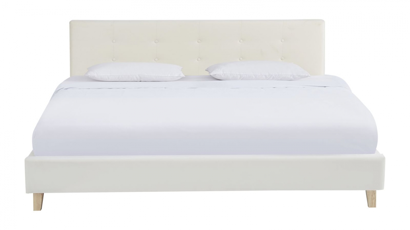Lit adulte 140x190 cm avec tête de lit capitonnée en velours beige - Milo