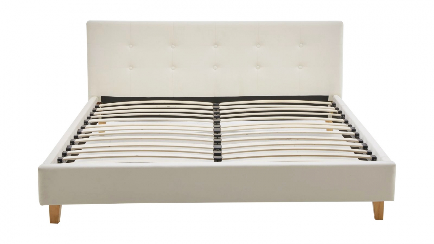 Lit adulte 140x190 cm avec tête de lit capitonnée en velours beige - Milo