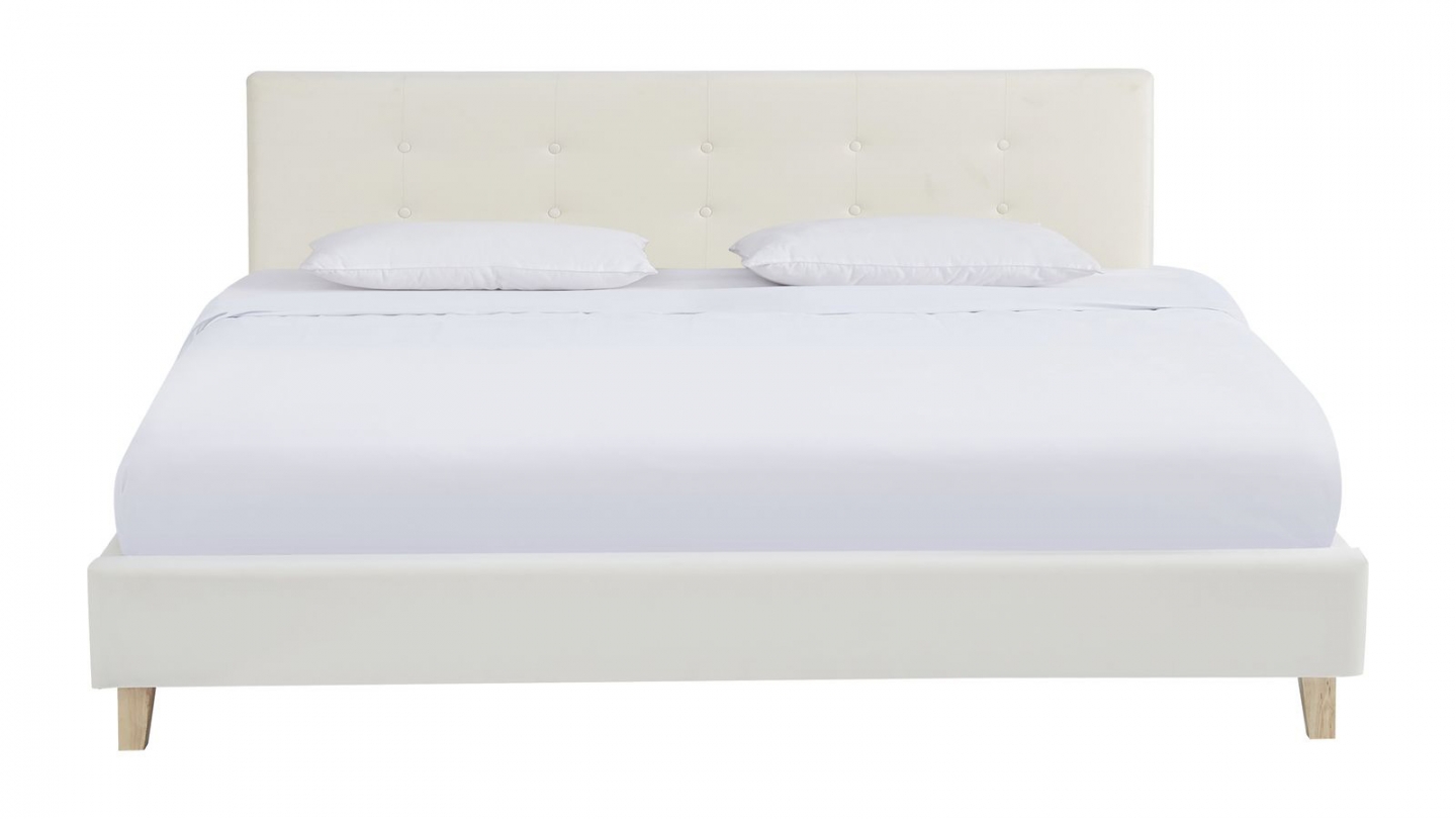 Lit adulte 160x200 cm avec tête de lit capitonnée en velours beige - Milo