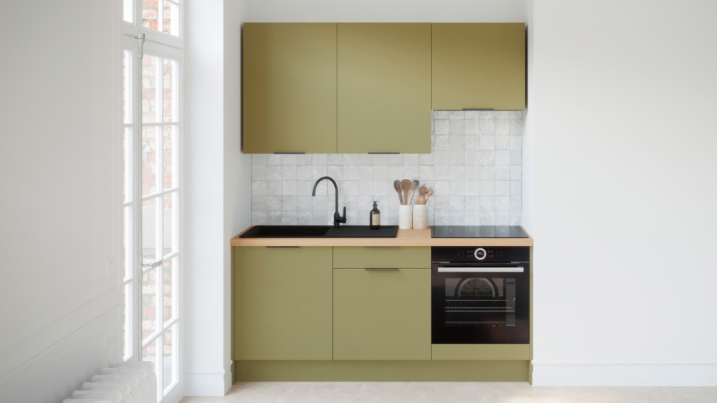Ensemble de 6 meubles de cuisine - L. 185 cm - vert olive - Luzia