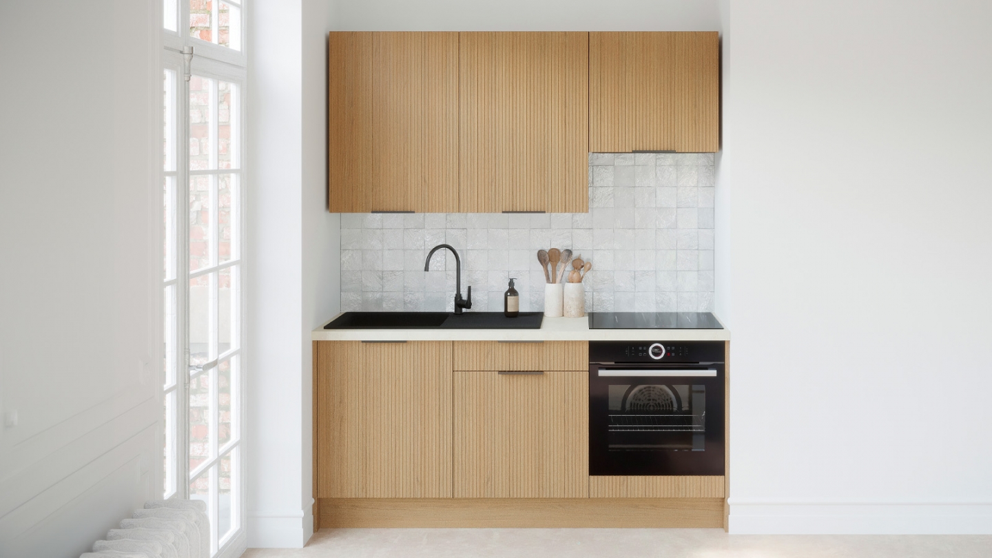 Ensemble de 6 meubles de cuisine - L. 185 cm - chêne clair cannelé - Cannele