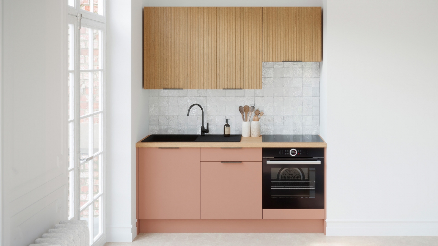 Ensemble de 6 meubles de cuisine - L. 185 cm - abricot et chêne clair cannelé - Luzia Signature