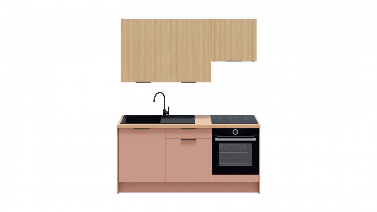 Ensemble de 6 meubles de cuisine - L. 185 cm - abricot et chêne clair cannelé - Luzia Signature