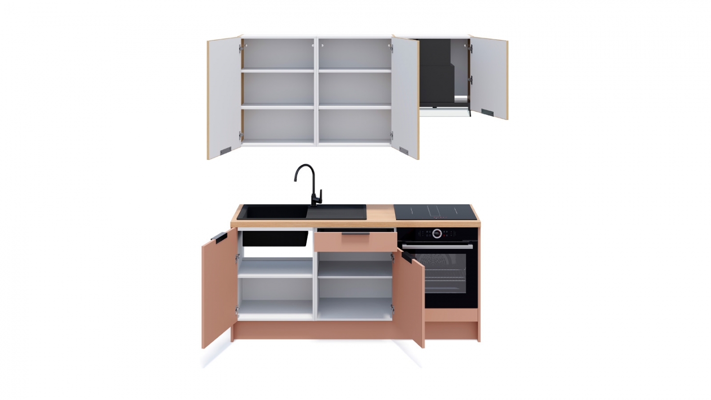 Ensemble de 6 meubles de cuisine - L. 185 cm - abricot et chêne clair cannelé - Luzia Signature