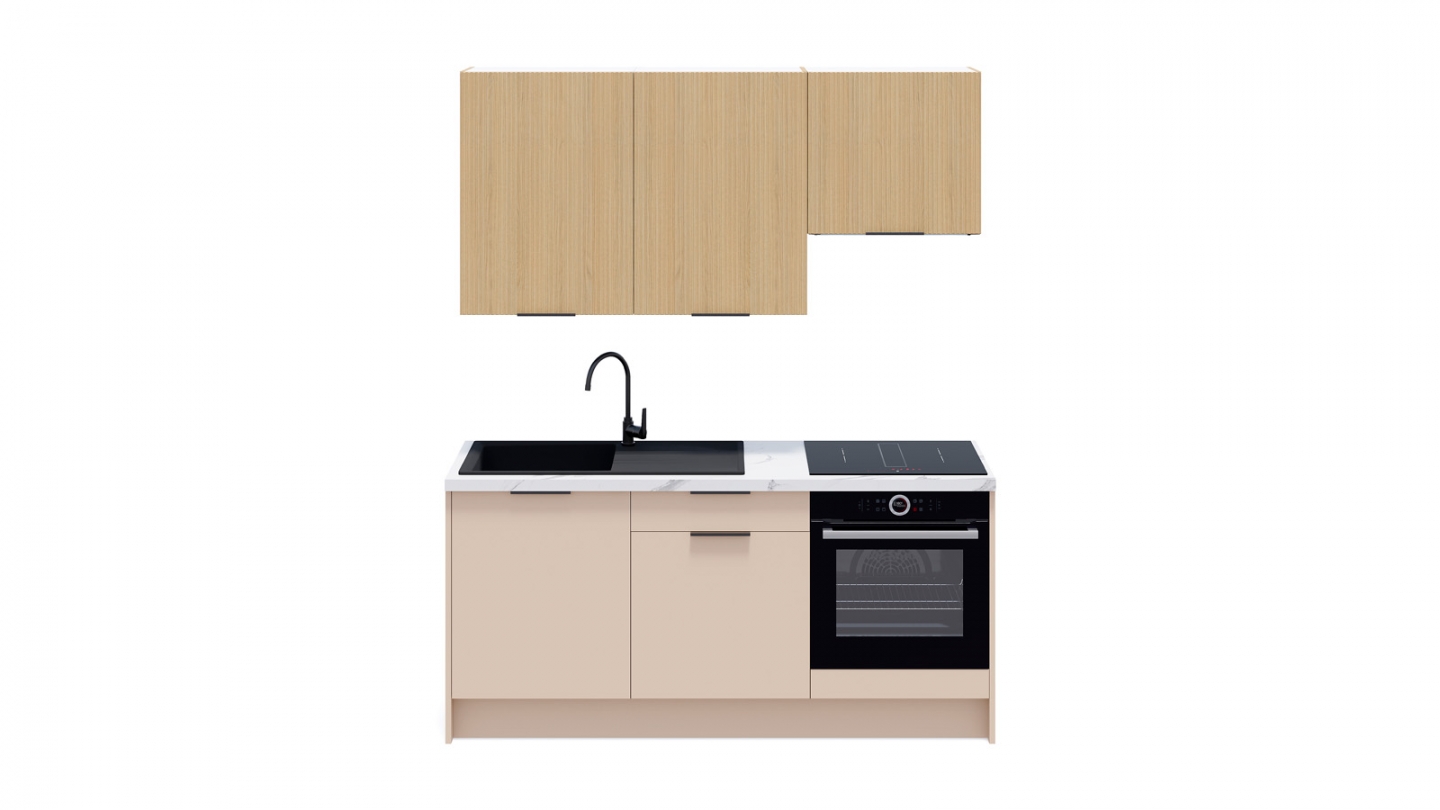 Ensemble de 6 meubles de cuisine - L. 185 cm - beige cachemire et chêne clair cannelé - Luzia Signature