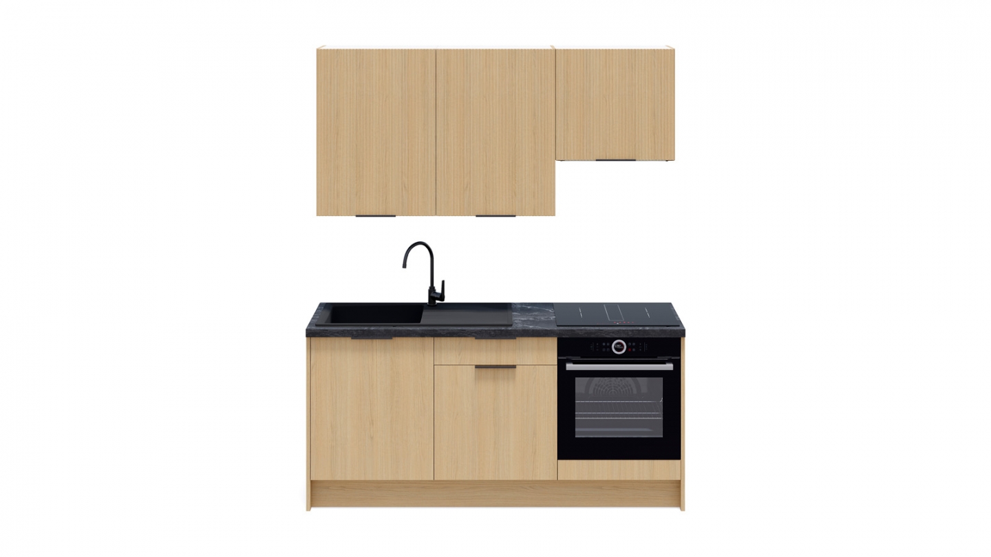 Ensemble de 6 meubles de cuisine - L. 185 cm - chêne clair et chêne clair cannelé - Luzia Signature