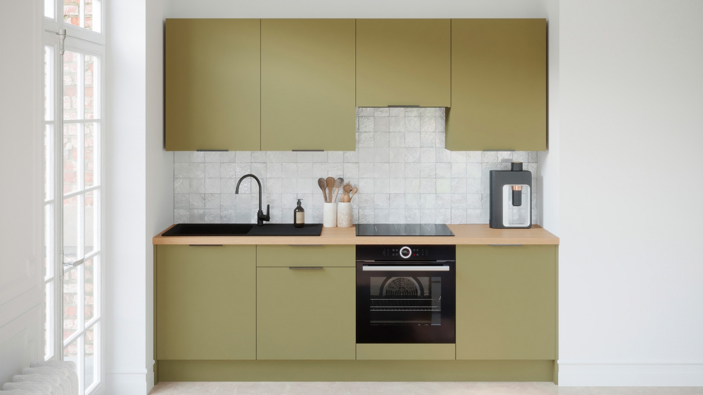 Ensemble de 8 meubles de cuisine - L. 245 cm - vert olive - Luzia