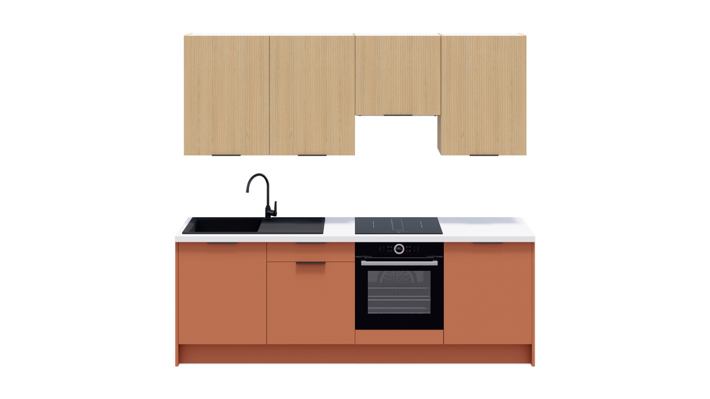 Ensemble de 8 meubles de cuisine - L. 245 cm - terracotta et chêne clair cannelé - Luzia Signature