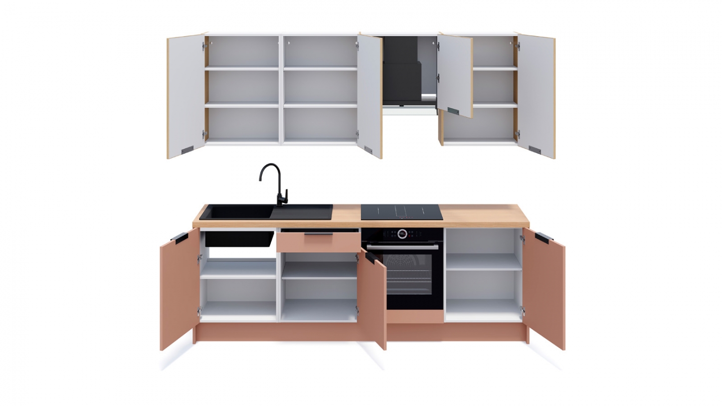 Ensemble de 8 meubles de cuisine - L. 245 cm - abricot et chêne clair cannelé - Luzia Signature