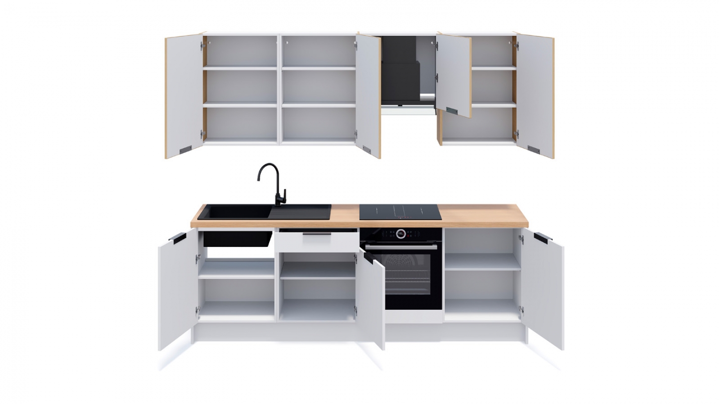 Ensemble de 8 meubles de cuisine - L. 245 cm - blanc et chêne clair cannelé - Cannele