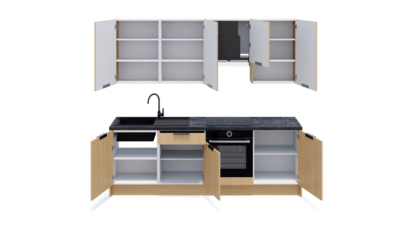 Ensemble de 8 meubles de cuisine - L. 245 cm - chêne clair et chêne clair cannelé - Luzia Signature